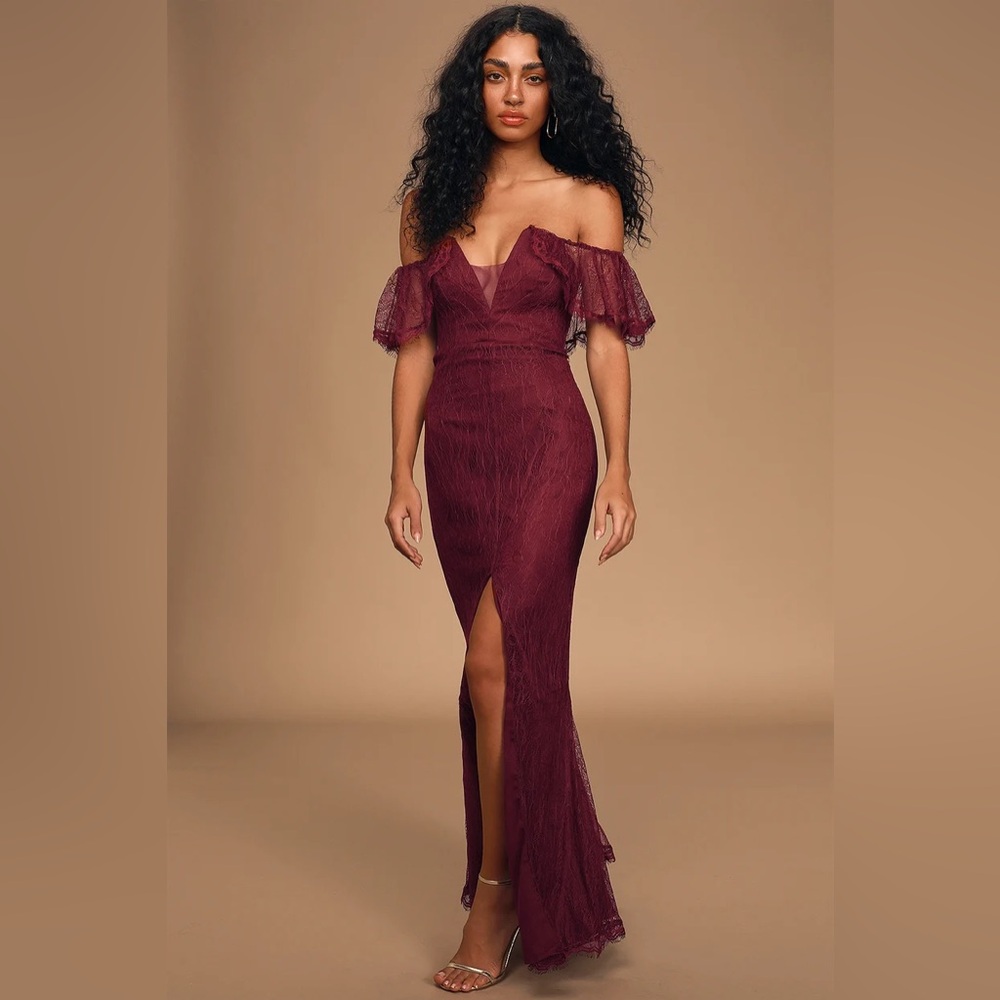 Lulus Caught In a Daydream Burgundy Lace Off-the-Shoulder Maxi Dress size XL
